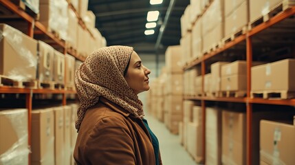 Obraz premium Woman Planning Logistics for Middle Eastern Startup in Warehouse with Cardboard Boxes
