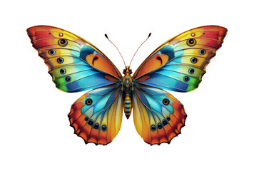 Colorful Rainbow Butterfly with Detailed Wing Pattern and Vibrant Gradient Colors in Symmetrical Design Isolated on Transparent and White Background