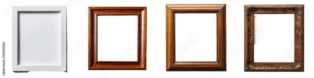 Poster Variety of empty picture frames made of different materials and colors arranged neatly on a white background