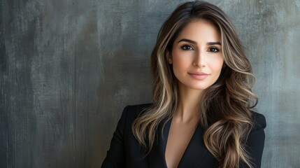 Fototapeta premium Confident Middle Eastern Woman Adjusting Her Hair in a Professional Setting with Stylish Attire