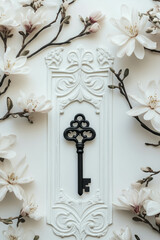 Minimalist collage featuring a key unlocking ornate opportunities amidst floral elegance
