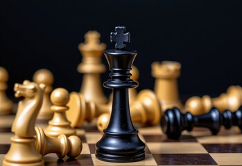 A chess king stands tall and resolute amidst a sea of white pawns on a chessboard, symbolizing leadership and strategy.