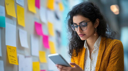 Indian Woman Designing Mobile App for Technology Startup in Modern Office Environment