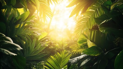 Lush Tropical Foliage Bathed In Golden Sunlight