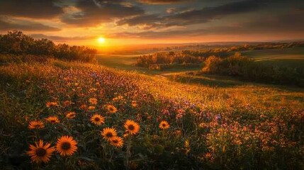 Obraz premium Golden Hour Meadow: A Sunset Symphony of Sunflowers and Rolling Hills
