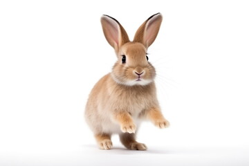  Cute red easter bunny jumping isolated on white background.
