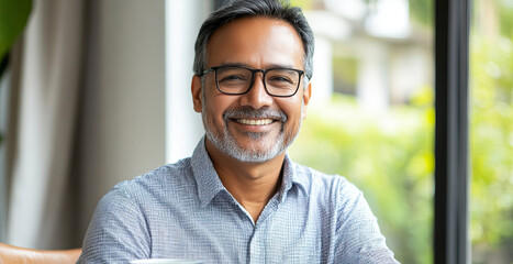 Obraz premium Indian Man Enjoying a Coffee Break in a Bright and Sunny Home Office Setting