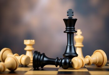 A chess king stands tall and resolute amidst a sea of white pawns on a chessboard, symbolizing leadership and strategy.