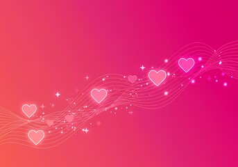Pink Romantic Hearts Background with Wavy Lines and Glowing Stars Design