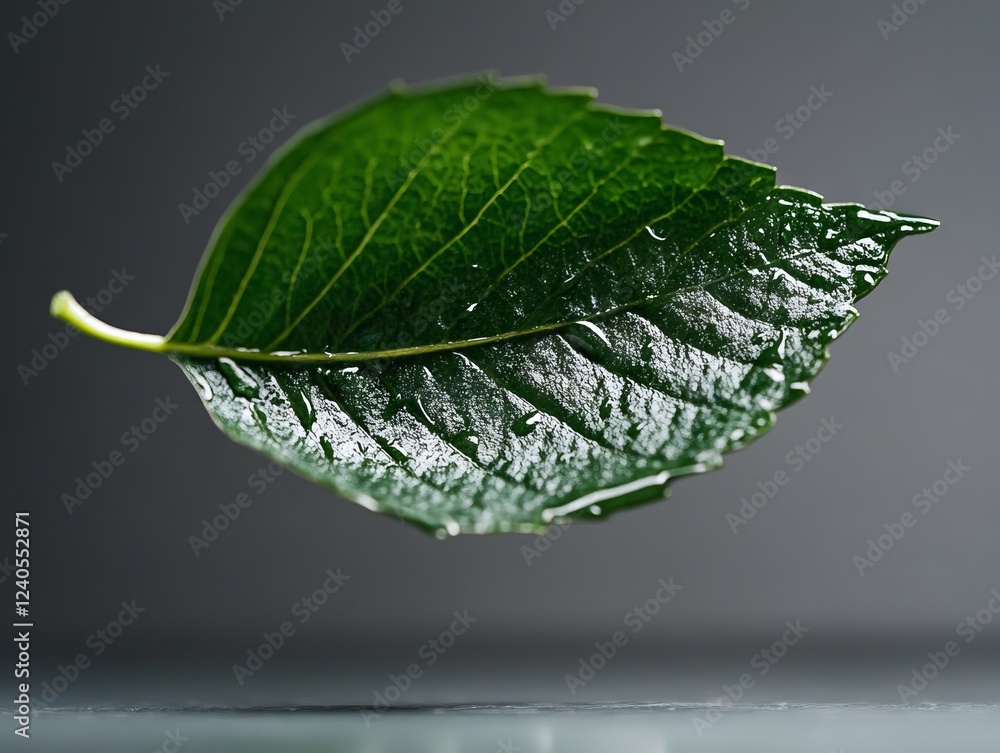 Poster A green leaf with water droplets on it