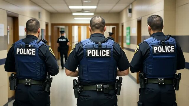 Police, school and security in hallway after shooting, protection and authority with law enforcement, emergency response