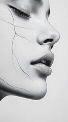 23. A human face with soft curves and delicate features, the bone structure outlined against a white backdrop