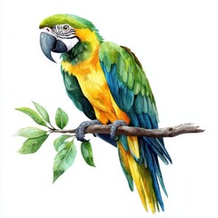 Fototapeta premium Vibrant macaw parrot perched on branch in lush forest nature illustration colorful wildlife art