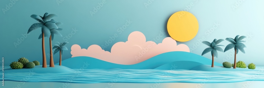 Aufkleber colorful tropical landscape with paper trees sun and clouds suitable for adding custom text content.