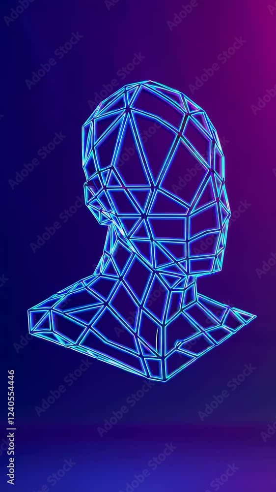 Poster a minimalist geometric bust outlined by neon grid lines, fading into a gradient background of cobalt
