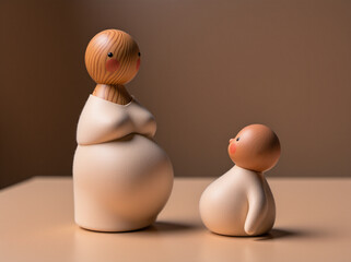 A charming wooden figurine design featuring a mother and child, showcasing a minimalist aesthetic...