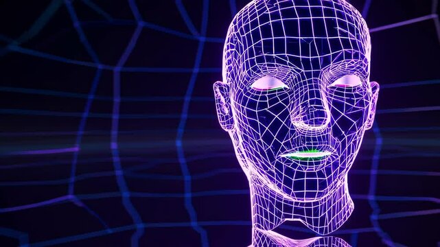 A sleek, polygonal head form mapped with wireframe patterns, glowing with electric purples and greens for a sci-fi effect.
