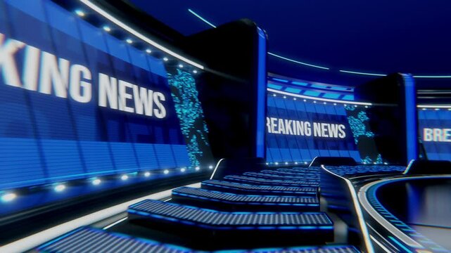 A high-quality, futuristic Breaking News motion graphics video featuring a sleek, high-tech news studio environment. The animation includes a rotating 3D globe with a glowing digital world map