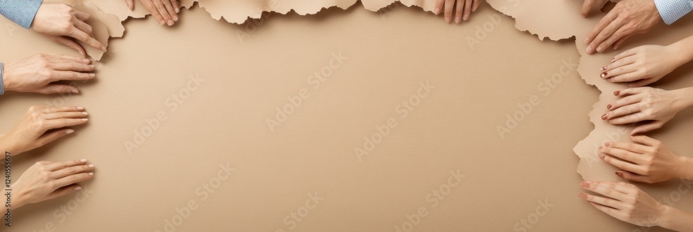 Poster Collaborative Workspace Diverse Hands on Brown Textured Paper, Symbolizing Inclusive Teamwork and Creative Business Solutions for Modern Office Productivity