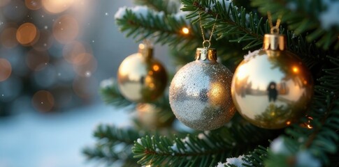 Ornaments in shimmering silver and gold hanging on a fir branch, snowman, decorations, metallic