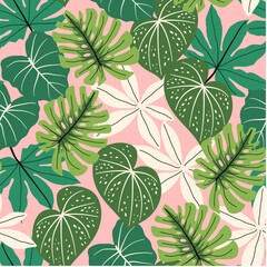 Fototapeta premium Abstract seamless tropical pattern with bright plants and leaves on a pink background. Beautiful seamless vector floral pattern. Seamless pattern with colorful leaves and plants.
