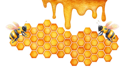 World Bee Day, May 20. Honeycomb watercolor drawing with bees. Concept save the bees and ecology and ecosystem. Healthy natural nutrition.