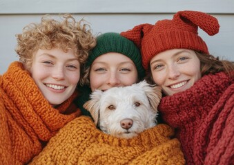 Earthy Knitwear Ensemble Friends in Vibrant Wool Textures with Adorable Dogs - Sustainable Outdoor Fashion for Young Adult Market and Ethical Apparel Promotion
