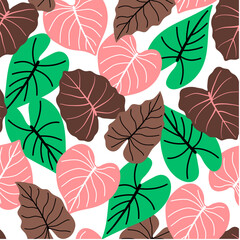 Obraz premium Abstract seamless tropical pattern with bright plants and leaves on a white background. Beautiful exotic plants. Exotic wallpaper. Trendy summer Hawaii print.