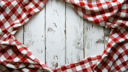 Fototapeta premium Rustic Red Gingham Tablecloth Frame: A charming red and white gingham tablecloth creates a rustic frame on a weathered white wooden background.