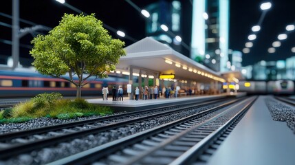 Fototapeta premium Night Train Station with Green Tree and Cityscape
