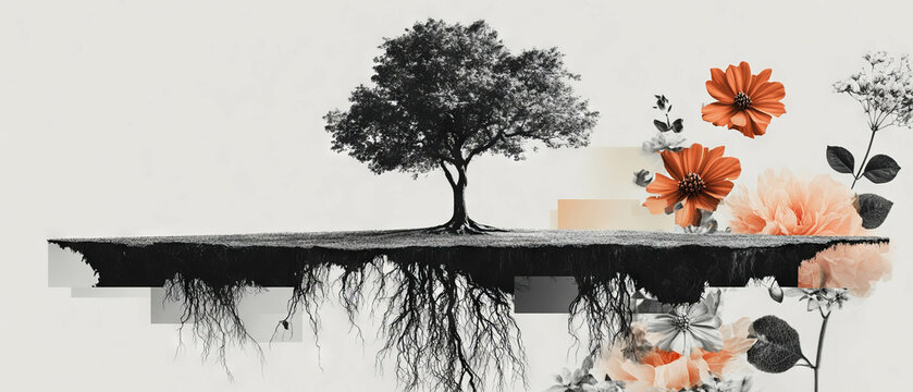 Minimalist collage of a tree with deep roots and floral elements on a white background