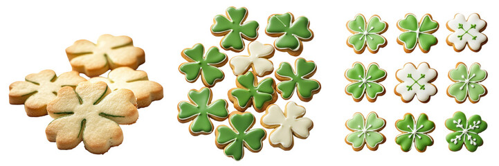 Freshly baked four-leaf clover cookies decorated with green icing for a festive gathering or celebration