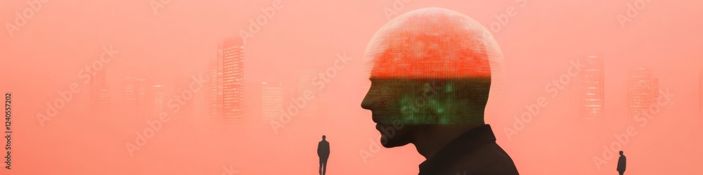 Aufkleber Futuristic Digital Security Silhouette Neural Interface with Urban Holograms - Advanced Privacy Solutions for Cybersecurity Professionals and Smart City Innovators