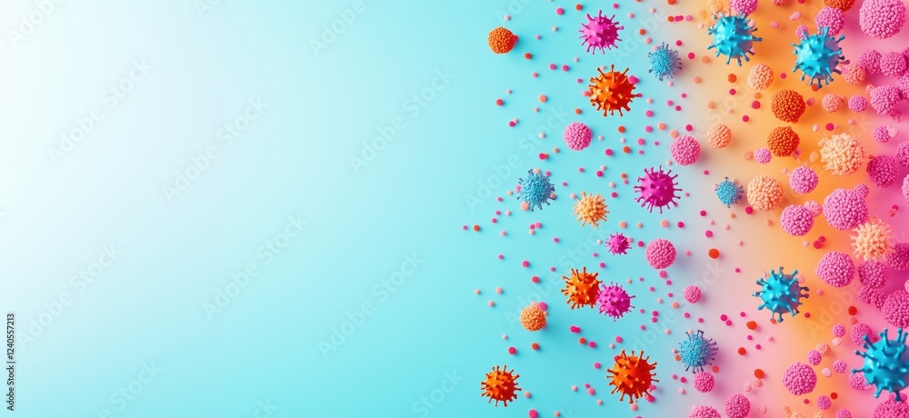 Poster colorful representation of viruses and bacteria in vibrant hues, showcasing a dynamic spread of micr