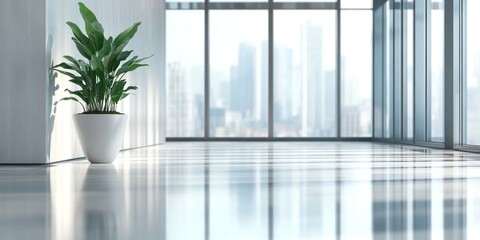 Modern Office Interior Design: Minimalist Plant in Bright Spacious Room with City View
