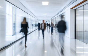 People walking in a modern office corridor with glass walls