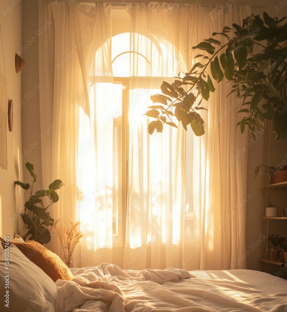 Canvas Prints Sunlit Bedroom with Sheer Curtains and Indoor Plants Creating a Warm, Inviting Atmosphere, copy space for text