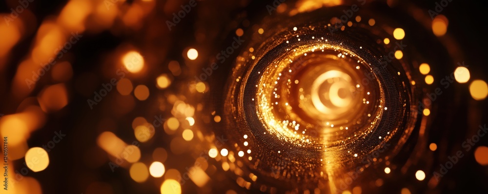 Poster golden spiral tunnel with glowing particles and light effects, creating a mesmerizing abstract backg