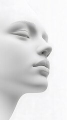 34. A human face showing a rounded jawline, delicate nose, and smooth cheekbones, with no expression, on white