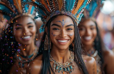 Smiling carnival dancer in a dazzling blue and gold costume with feathers and glitter during a festive parade celebration Generative AI