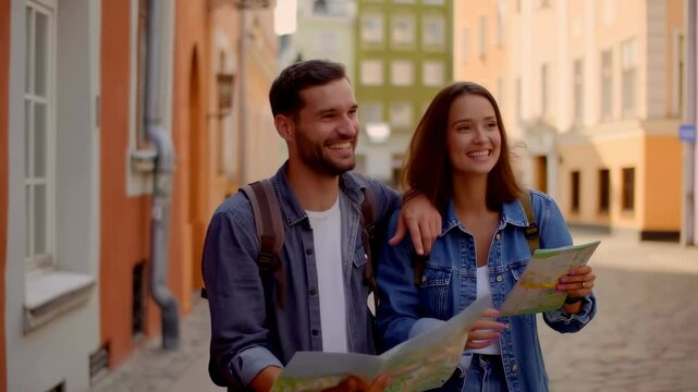 A smiling young couple walks through a charming European-style street, using a map to navigate and explore their travel destination.