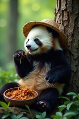 Fototapeta premium Relaxed panda with bamboo hat, enjoys lunch in tree , adorable, bamboo