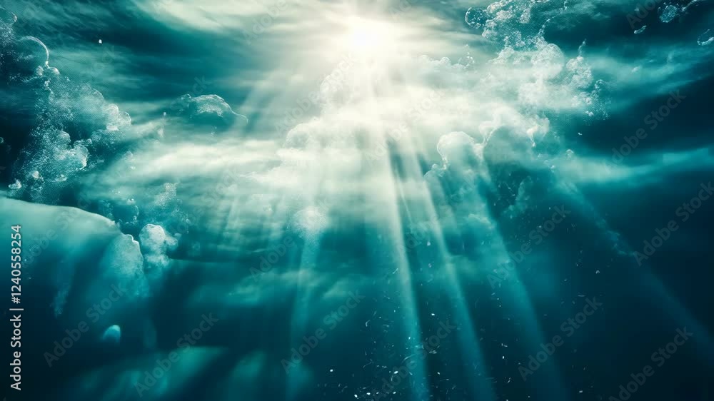 Poster sunlight filters through the water creating a serene underwater atmosphere with bubbles and soft wav