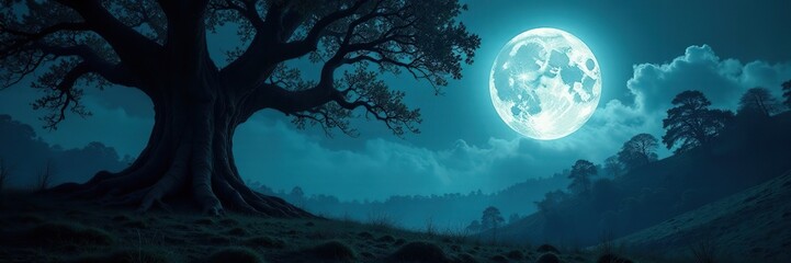 A full moon casts an ominous glow on the dark, foreboding foliage of an ancient tree in a creepy forest, shadows, spooky