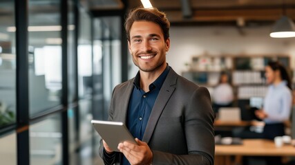 Fototapeta premium Confident businessman holding a tablet in a modern office setting