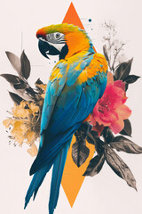 Obraz premium Minimalist collage featuring a parrot among geometric shapes and floral elements on white background