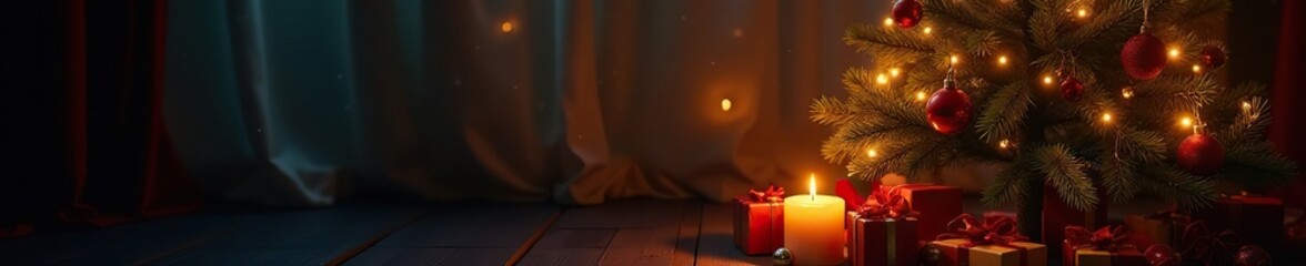 A glowing Christmas tree with candles and warm ambient light, glowing, presents, cozy