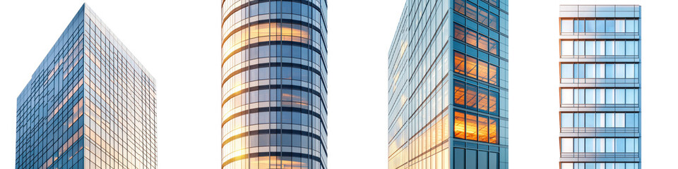 Modern skyscrapers with glass facades reflecting sunset in a city landscape