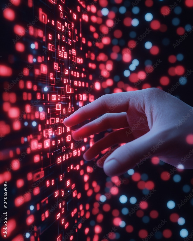 Poster Futuristic Neon Interface Hand on Digital Network Matrix - Innovative Telecommunications Visual and Seamless Connectivity Solutions for Tech-Driven Business Environments
