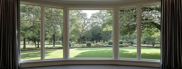 Fototapeta premium Large windows reveal a vibrant autumn landscape with golden trees and picnic tables, offering a peaceful outdoor view